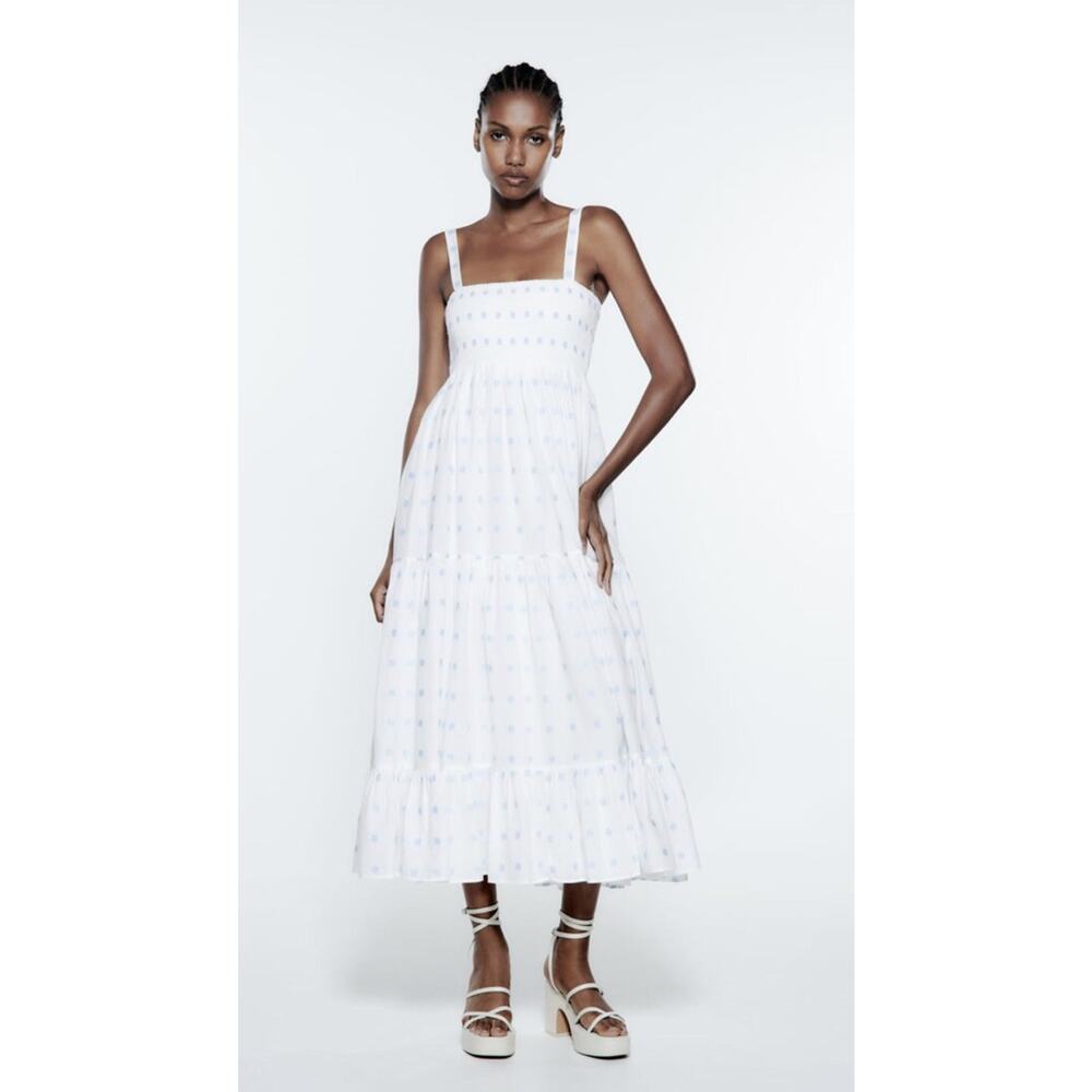 Zara Floral Embroidered Tiered Maxi Sundress Smocked White Blue Dress Size Large - Picture 13 of 16